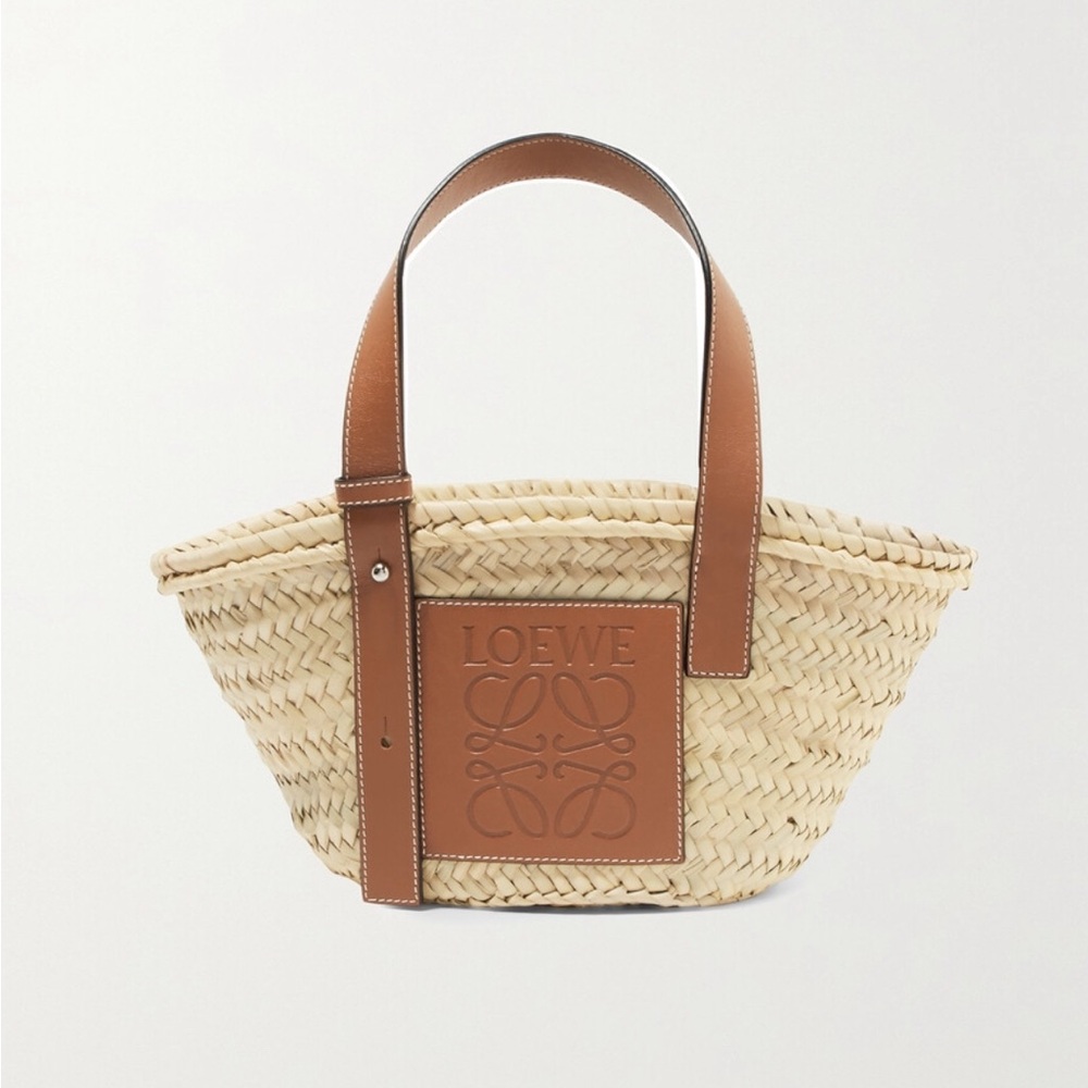 Small leather trimmed class Loewe leather tote. Iconic for summer / vacations.